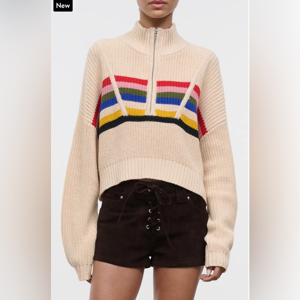 STAUD Hampton Stripe Half Zip Crop Sweater // Size Medium